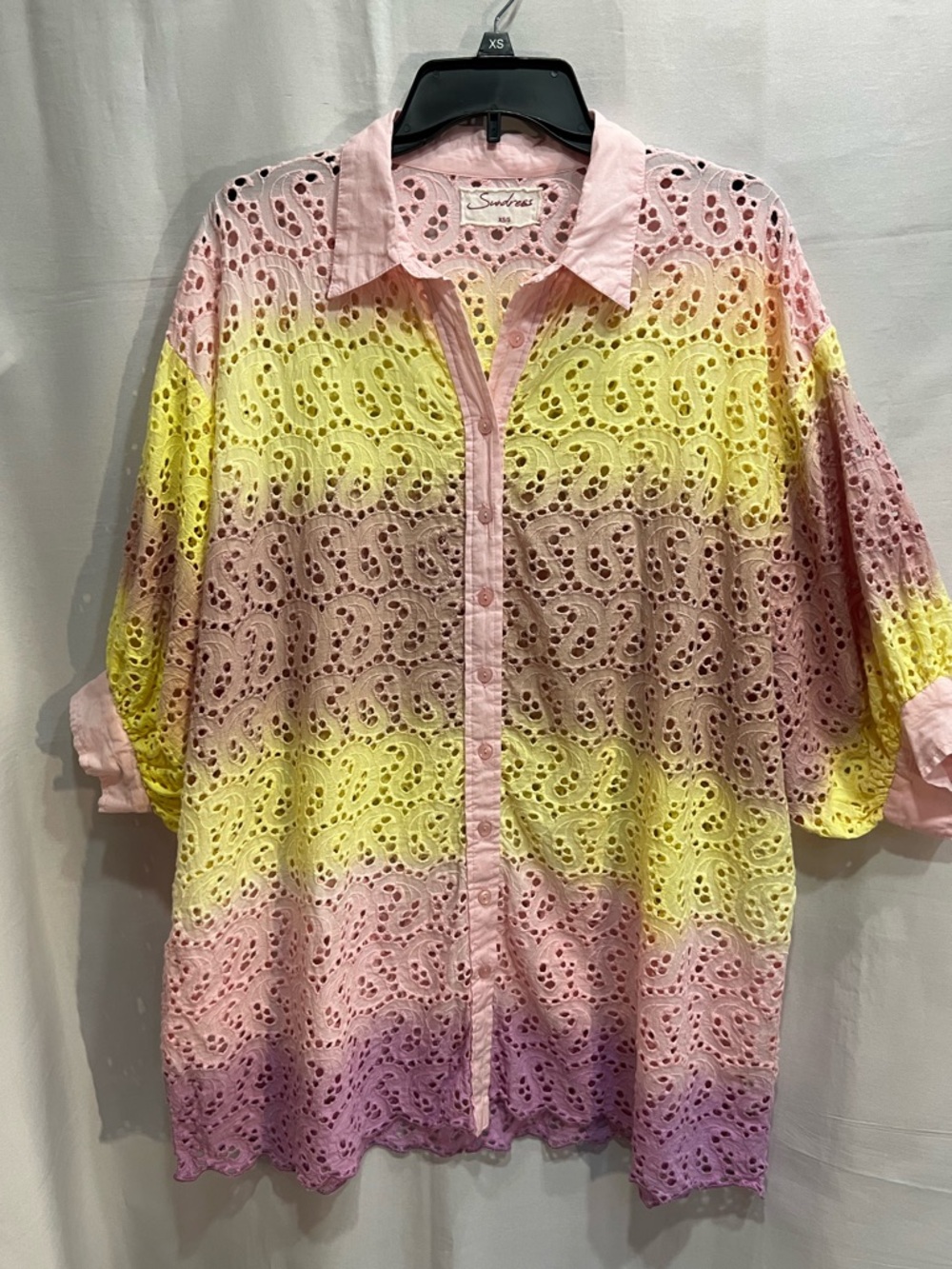 Sundress Oversized Button Front Coverup Tunic Eyelet Ombre Pink Yellow Size XS/S